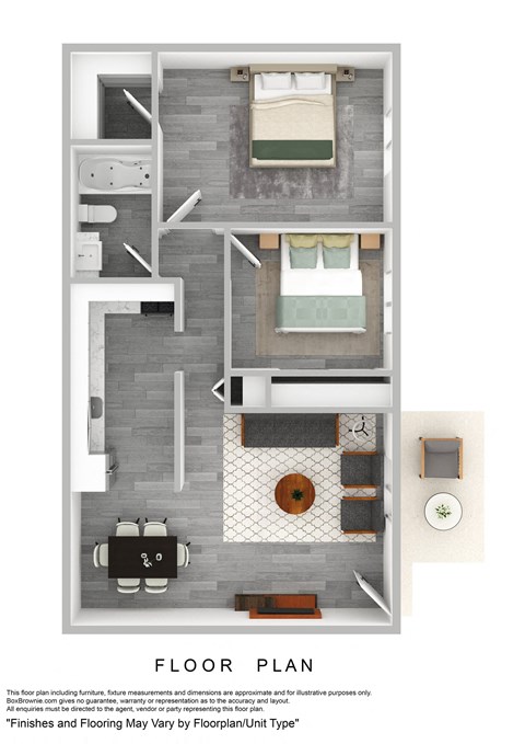 Floor plan for 2 beds, 1 bath, 669 sqft